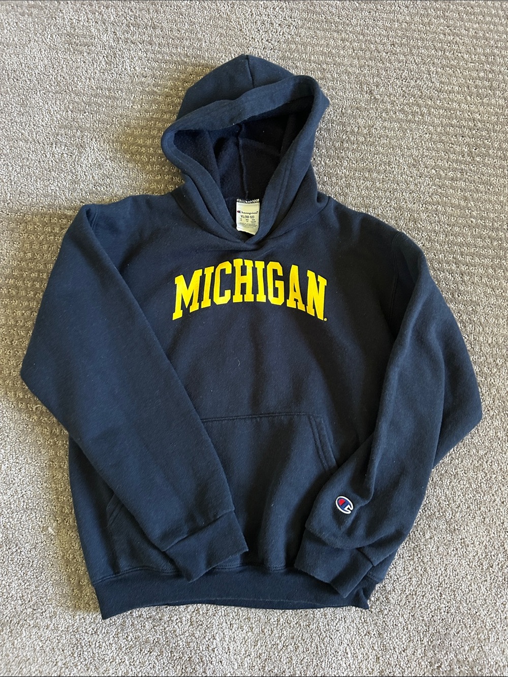 Champion Navy Hoodie with Yellow Michigan Logo